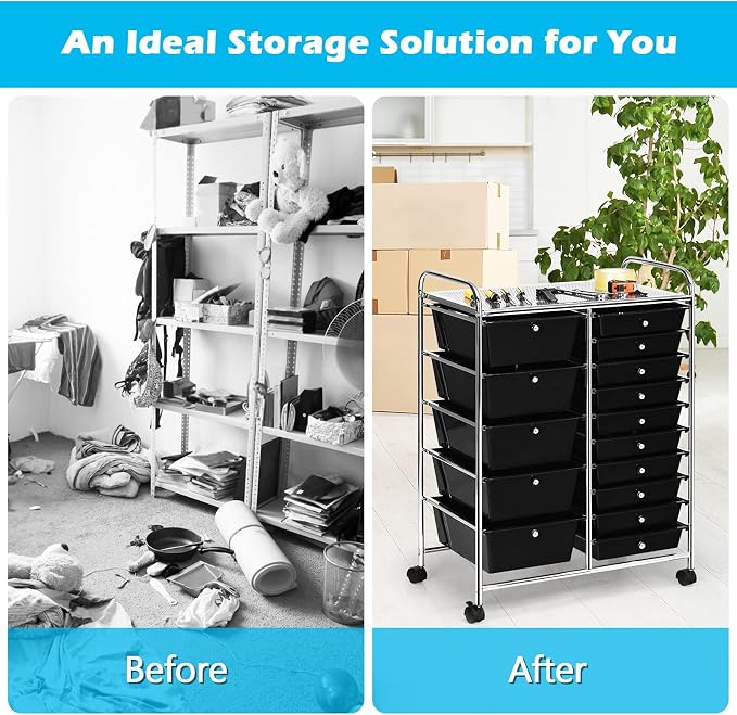 DORTALA 15-Drawer Rolling Storage Cart with Drawers, Rolling Utility Cart w/Removable Drawers & Universal Wheels, Tools Scrapbook Paper Organizer for School, Office, Home, Classroom (Black) - Image 6