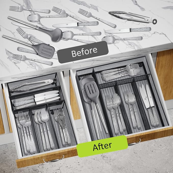 Neudeco Drawer Organizer Set, Black Mesh, 6 Pack | 5-Compartment Silverware Organizer Tray, 5 Utensil Trays, For Flatware, Cutlery, Office Supplies, Non-Slip - Image 6