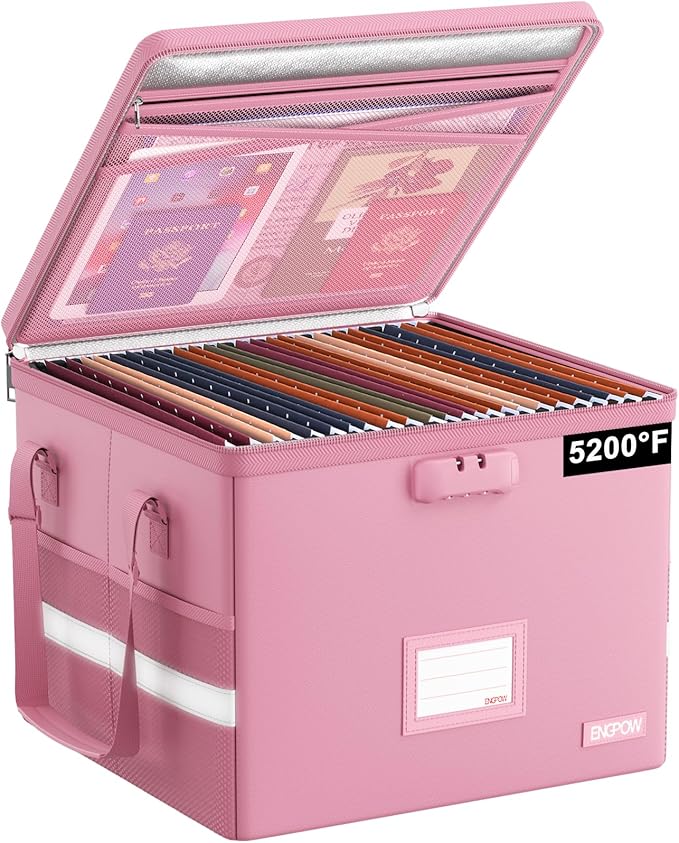 ENGPOW 5200°F File Box Fireproof Document Box with Lock,Heat Insulated Collapsible File Storage Organizer Box with Handle,Portable Home Office File Cabinet for Hanging Letter/Legal Size Folder, Pink by ENGPOW