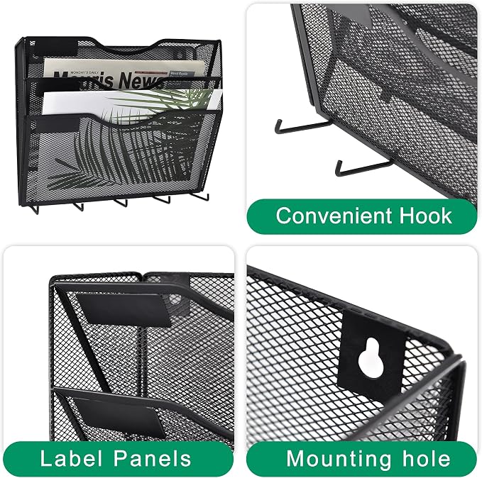 3 Pocket Mesh Hanging File Organizer with Key Holder Hooks & Nametag Label, Wall Mounted Mail Paper Document Folder Clipboard Storage Organization Magazine Rack for Office Cubicle, Black - Image 3