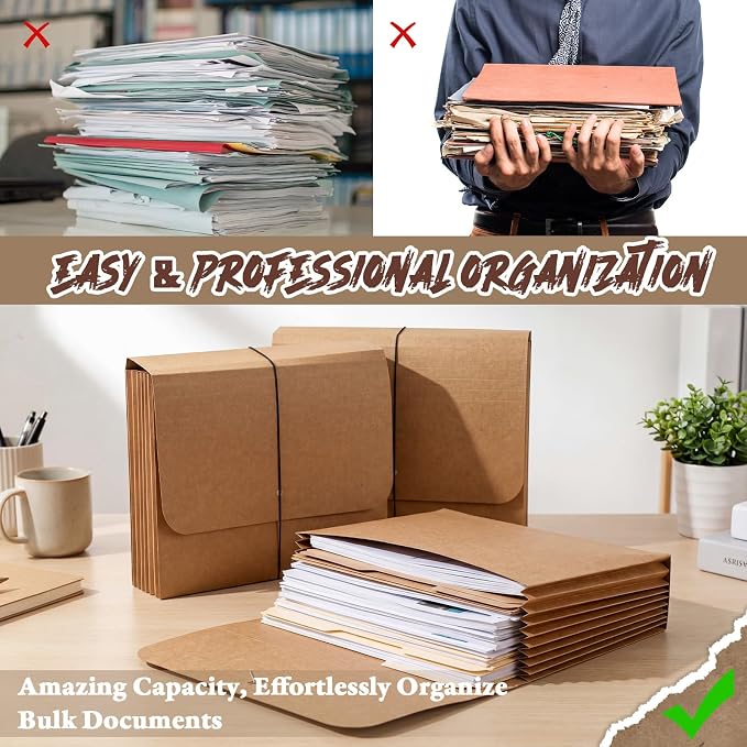 Handepo 20 Pack 11.8x9.5in Expanding File Wallet with Flap and Cord Closure, Letter Size Expanding File Folder Pocket 3.5'' Expansion Kraft Color Document Organizer for Office Supplies, Home - Image 5