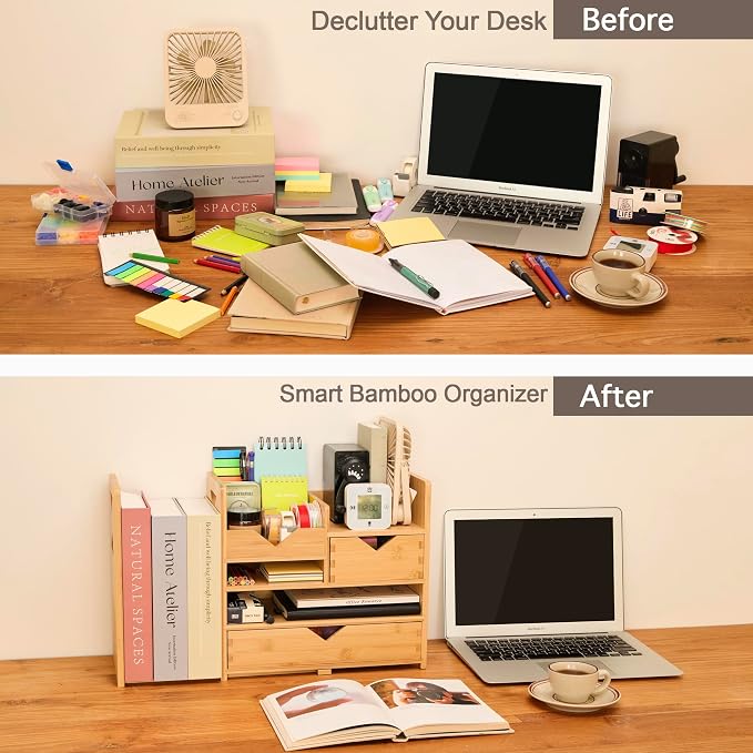 Pandorama Bamboo Desk Organizer Medium - Drawers & Adjustable File Holder, Fully Assembled Wood Desktop Storage for Kitchen, Bedroom, Bathroom, Study Room - Image 6