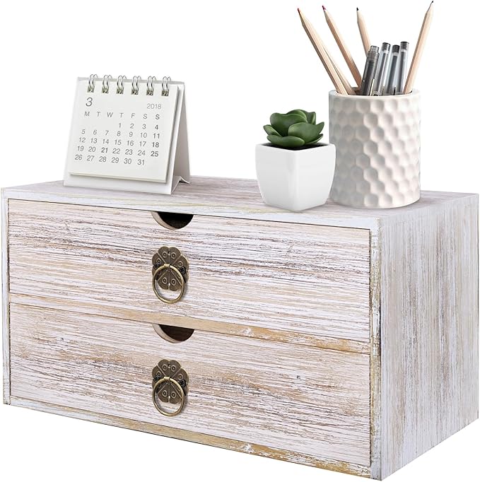 Wood Desk Organizer, Vintage Brown Wooden Desktop Organizer with Drawer, Tabletop Storage Organization Box for Countertop, Home Office Supplies, Bills, 13.3 x 6.5 x 7 Inches(2 Drawer) by SEEKELEGANT