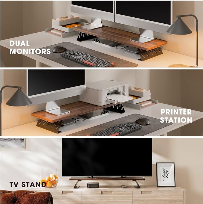 Fenge Monitor Stand Riser, Wooden & Metal Desk Shelf Organizer, Brown | 31.5in Computer Stand, Single Monitor Setup, for Compact Work Station, Multifunctional Monitor Shelf for Laptop, PC, Printer - Image 7