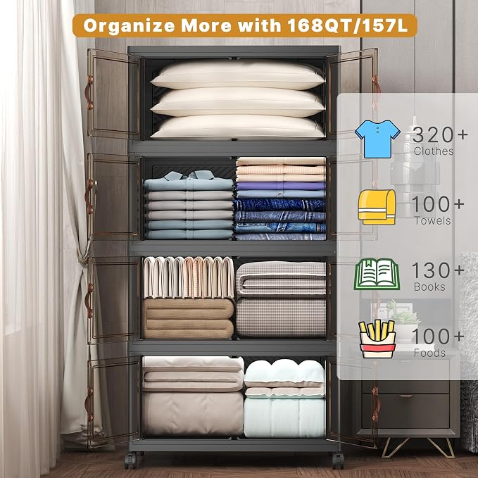 672QT Stackable Storage Bins with Lids,Doors & Wheels | Closet Organizers and Storage Cabinet, Lockable Plastic Foldable Drawers for Bedroom Dorm Office Garage（168QT*4,Black） - Image 3