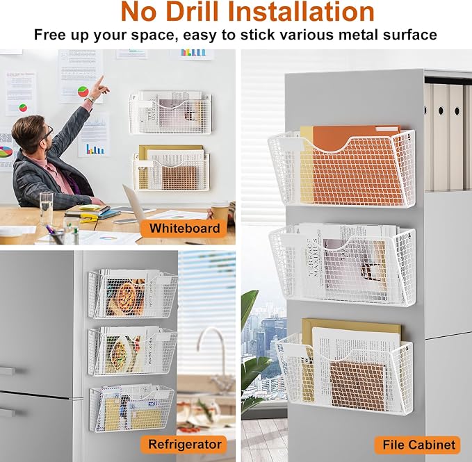 MFTEK Magnetic File Holder, 3 Pockets Wall File Folders Holder No Drilling Magnetic Paper Mail Organizer Magazine Basket, Hanging Storage Rack for Fridge Cabinets Office Classroom(White) - Image 4