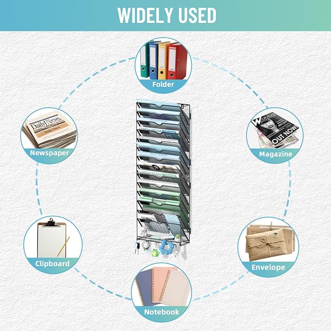 15-Tier Wall File Organizer with 5 Hooks, Wall Mounted Mail Organizer | File Holder Organizer, Metal Mesh Office Wall Organizer for Home, School & Classroom - Image 2