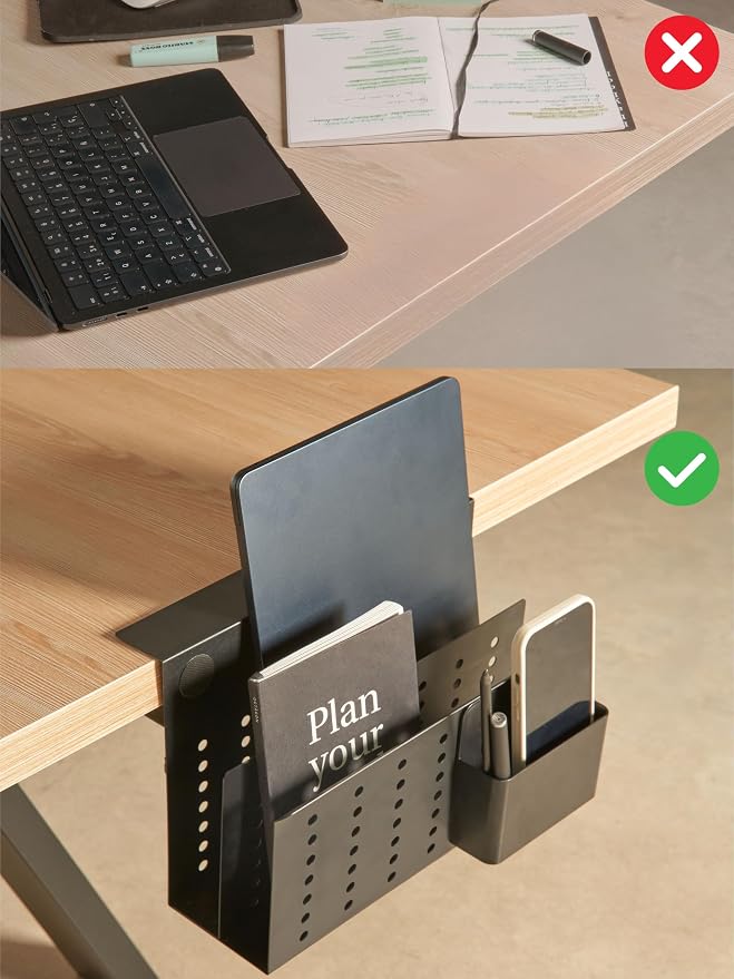 GAROOD Laptop Side Storage Vertical Stand Under Desk top Storage Clamp On Desktop Shelf Hanging Desk Organizer Computer Mount Side Table Organizer Caddy Book Caddy - Two Tier Black - Image 2