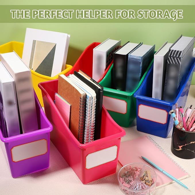 Teling 12 Pcs Book Bins Bulk for Classroom Storage Plastic Magazine Holder with Label Interlocking File Folder Organizer Binder Container Box for School Office Desktop Bookshelf Home (Rainbow) - Image 4