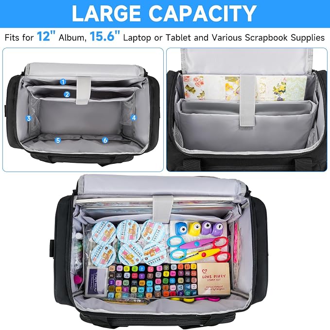 Craft Bag for Scrapbook Supplies, Large Scrapbook Tote with 15.6'' Laptop Sleeve, Art Supply Storage Bag with Multiple Pockets for Scrapbooking Tools, Black - Image 2