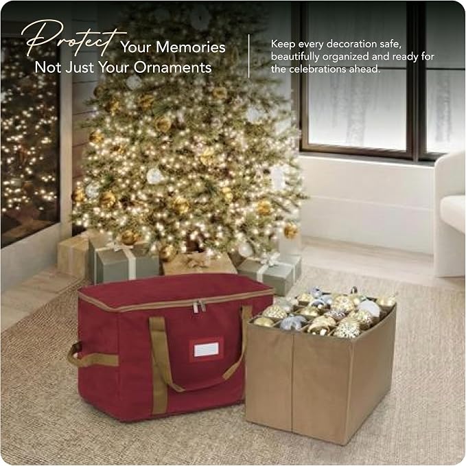 Covermates Keepsakes Adjustable Ornament Storage Bag – Heavy-Duty Polyester, Padded Dividers & FlexGrid Trays – Protective Holiday Ornament Organizer with Handles & Label Window, Red - Image 2