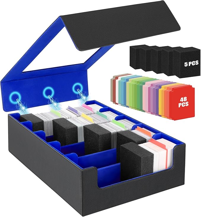 AOBOPLE 3900+ Trading Card Storage Box, Clear Lid and Magnetic Closure | 5-Row Card Box,PU leather,48 Dividers + 5 Foam Supports,Card Organizer For MTG TCG Sports, Gift For Collectors by AOBOPLE