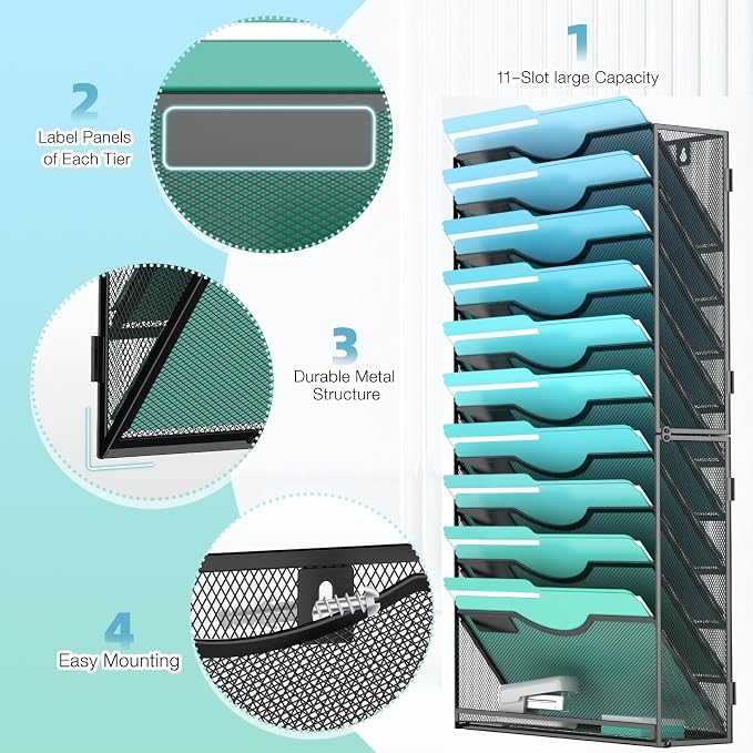 Gawerk 11-Tier Wall File Organizer Hanging Wall File Holder Wall Mount Paper Folder Organize, Mesh Magazine Document Mail Organizer Wall Organizer for Office School Home, Black - Image 3