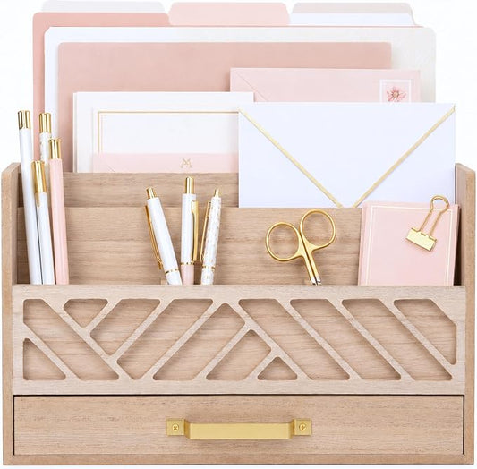 BLU MONACO | Wooden Mail Organizer with Drawer and Gold Handle | Outgoing Mail Holder and Letter Sorter for Desk | Natural Wood Desktop Paper Organizer by Blu_Monaco