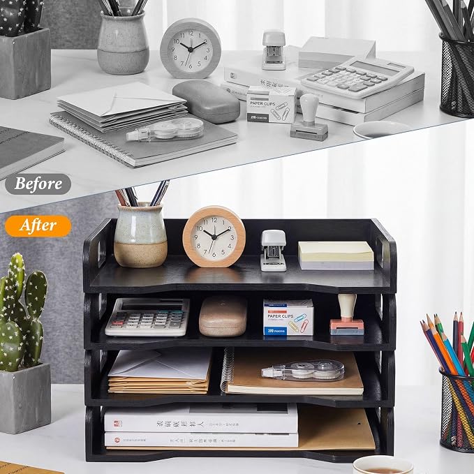 Wooden Stackable Paper Trays 4-tier Wooden Paper Organizer for Desk Letter Documents Woodens Desktop File Organizers for Desktop File Holder and Office Supplies Rack for Home Office Use (Black) - Image 4