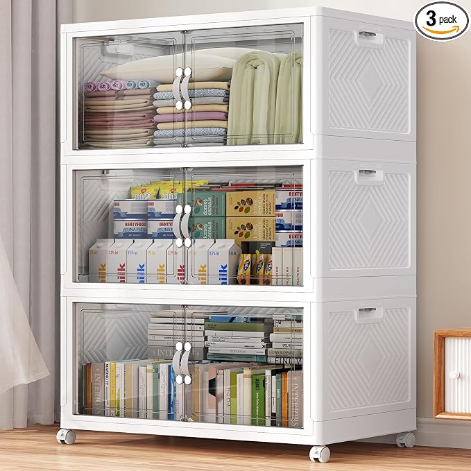 BROVIEW 480QT Large Stackable Storage Bins with Clear Doors, V20 3Pack | 120Gal Plastic Closet Organizer Cabinet with Lid and Wheels, Collapsible Latch Box Folding Drawer for Home, White by BROVIEW-EnjoytheArtofLife