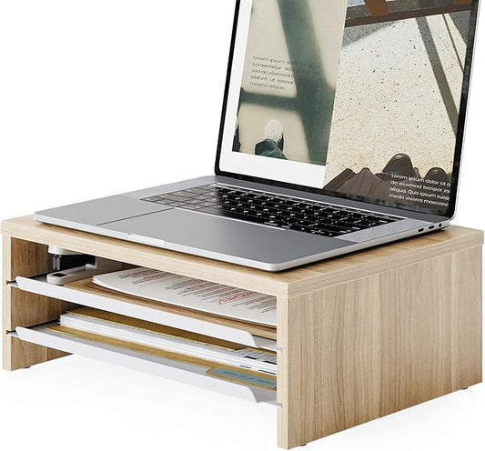 Fenge 14.3-Inch Monitor Stand with Slide-Out Trays, Wood & Metal Desk Shelf | 3-Tier Space-Saving Desk Storage Organizer, Fits Computer, Laptop, Printer and Telephone by Fenge