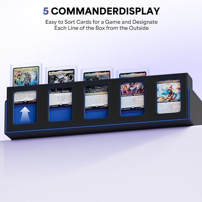 UAONO 5-Row Trading Card Storage Box with Commander Display, Black Blue | 3900+ Card Box with Removable Cover, Card Case Fits MTG TCG Sports Cards, 48 Dividers, 5 Stoppers, 5 Top Loaders, Dice Box - Image 4