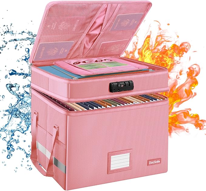 DocSafe File Box with Lock,Multi-Layer Fireproof Document Box Collapsible File Storage Organizer with Pockets/Handle,Large Portable Home Office Filing Safe for Hanging Letter/Legal Size Folders,Pink by DocSafe