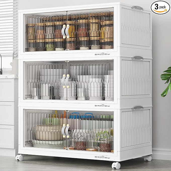 BROVIEW 360Qt Stackable Storage Bins with Lid, Extra Large Closet Organizer Collapsible Drawer Boxes with Wheels, Folding Plastic Cabinet Containers for Home Kitchen Room Organization, 3Pack White by BROVIEW-EnjoytheArtofLife