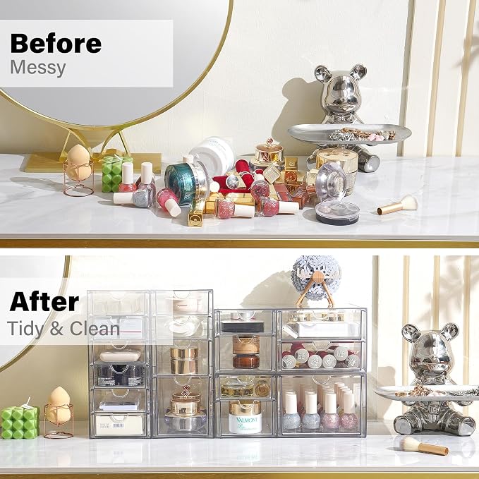 Prsildan 17 Drawers Teacher Toolbox Office Supply Organizer, Set of 4 | Clear Acrylic, Pull Out, Craft Desk Art Supply Accessories Vanity Countertop Bathroom Kitchen Cabinet Makeup Storage - Image 5