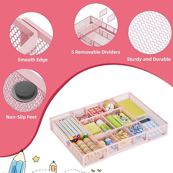 Marbrasse Expandable Desk Drawer Organizer, Mesh Tray with 10 Adjustable Compartments, Desk Organizers for Office Supplies, Makeup & Vanity (Expandable-Pink) - Image 6