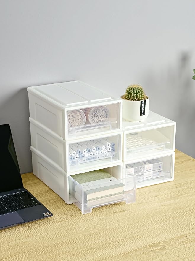 Cetomo 5L*3 Plastic Storage Drawers Unit, Office Desk Organizers, Drawer Organizer, Storage Box, Stackable Tower for Desktop, Bedroom, Dorm, Cosmetics, Durable PP, BPA Free, White & Clear, 5L-3 Pack - Image 2