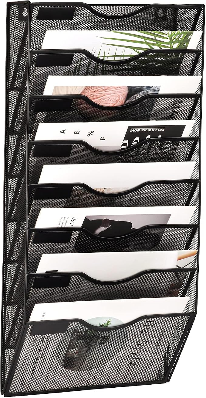 8 Pocket Mesh Hanging Wall File Organizer, Wall Mounted Mail Paper Document Folder Holder, Clipboard Storage Organization Magazine Rack with Nametag Label for Office Home School, Black by EASEPRES