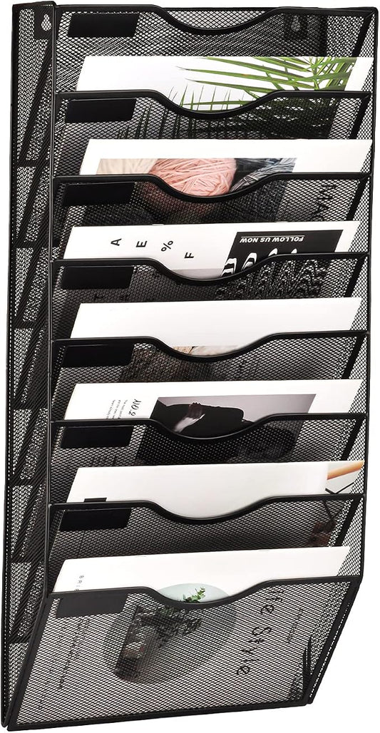 8 Pocket Mesh Hanging Wall File Organizer, Wall Mounted Mail Paper Document Folder Holder, Clipboard Storage Organization Magazine Rack with Nametag Label for Office Home School, Black by EASEPRES