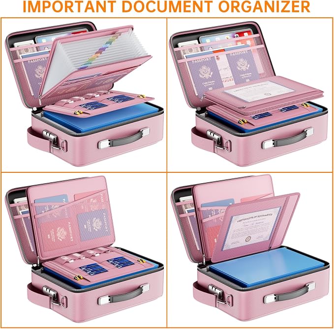 DocSafe Fireproof Document Box with Lock＆Shoulder Strap,Hard Case File Organizer with Accordion File Folder,Multi-Layer Portable Home Office Travel Safe Storage for Important Documents Laptop Pink - Image 6