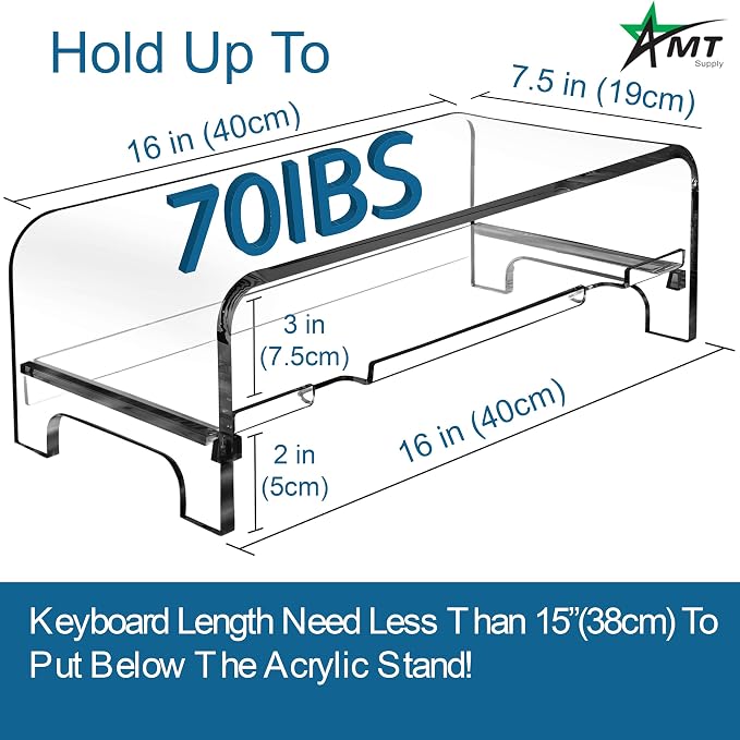 AMT 2 Tier 5.7 Inch High Acrylic Laptop Monitor Stand & Computer Riser with Cat Keyboard Protector, Space-Saving Design, Extra Storage, Clear Shelf - Ideal for Monitors, Laptops, Printers, Desktop - Image 2
