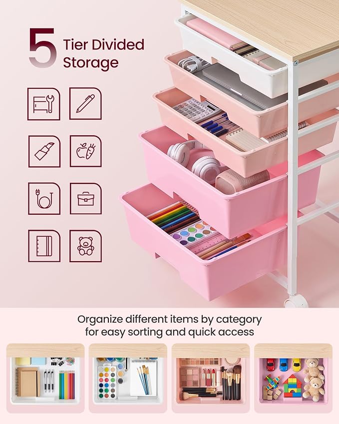 VASAGLE 5-Drawer Rolling Storage Cart, Mobile Organizer Trolley with Wood Top and Metal Frame, for Craft Room, Office, 15.6 x 11.2 x 24.8 inch, Pink, BENCO Collection ULRC005S101 - Image 6