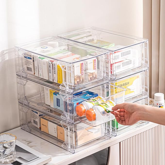 6 Pack Stackable Organizer Drawers, Clear Desk Storage Box,Transparent Drawer in Home, Office and Kitchen Pull Out Organizer Bins for Make Up, Pen, Desktop Stationary (6 Pack) - Image 3