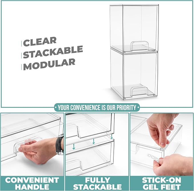 Sorbus Stackable Acrylic Storage Drawers, 2 Pack Clear Plastic Organizer Bins for Baby Bottles, Makeup, Bathroom, Vanity & Kitchen Countertop Organization, Pull-Out Drawer Design for Cabinets & Pantry - Image 5