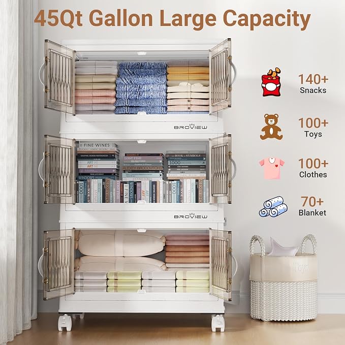 BROVIEW 135Qt Stackable Storage Bins with Lid, Extra Large Closet Organizer Collapsible Drawer Boxes with Wheels, Folding Plastic Cabinet Containers for Home Kitchen Room Organization, 3Pack White - Image 4