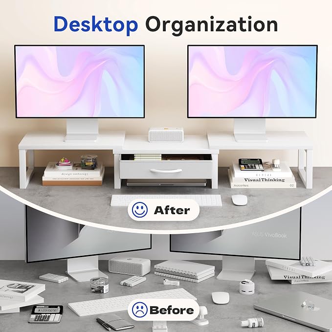 Dual Monitor Stand Riser, Desk Organizers and Accessories with Drawer, Computer Monitor Stands for Desk, Adjustable Desktop Shelf for PC Laptop Printer TV, White - Image 3