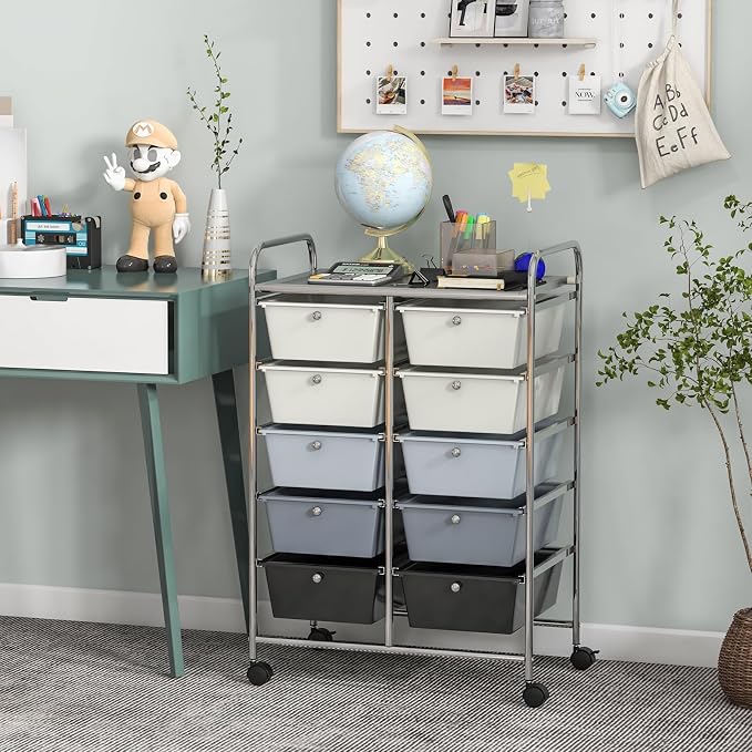 COSTWAY 10 Drawer Rolling Storage Cart, Utility Cart with Lockable Wheels | Mobile Art Supply Craft Organizer with Metal Frame, Multipurpose Drawer Cart for Paper for Office, School, Gray Gradient - Image 8