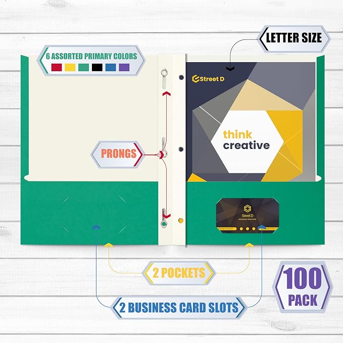 Letter Size Paper Portfolios by Better Office Products, Case of 100, Assorted Primary Colors, with Fasteners (Contemporary, 2 Pocket Paper Folders with Fasteners) - Image 2