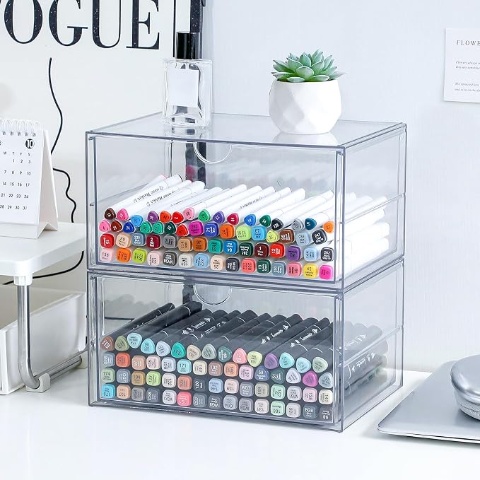 Clear Plastic Drawer Organizer, 2 Pack, 2 Drawers | Stackable, For Office Supplies, For Marker Pen, For Art Crafts & Stationery, For Coffee Pods - Image 2