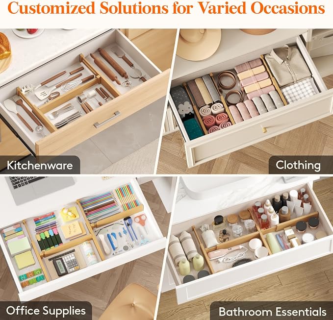 Lifewit 2.4" High 8 Pack Bamboo Drawer Dividers 33-42cm/13-16.5" Adjustable Wooden Drawer Organizer for Clothes/Utensils, Expandable Drawer Separator for Dresser/Kitchen/Bedroom/Office Organization - Image 7
