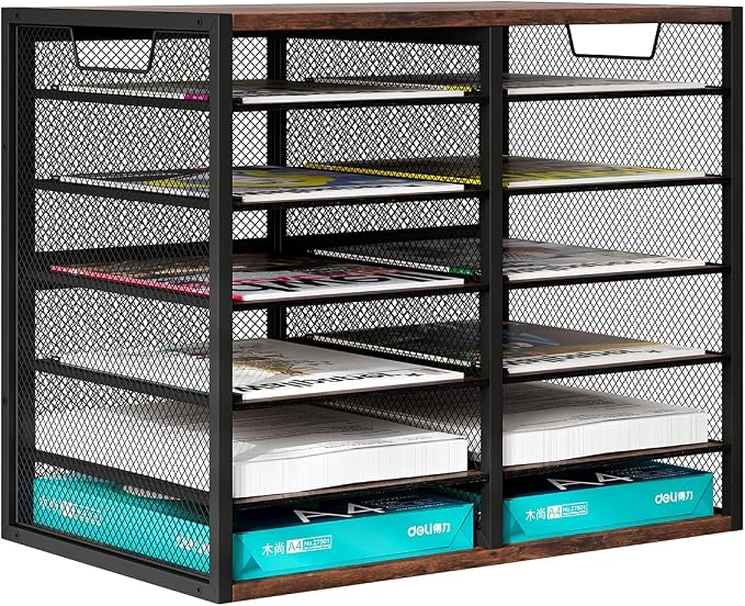 PAG Mass Mail Sorter - Adjustable Mail Holder, Countertop Literature Organizer, Student Mailbox for Classroom, Desktop Bill Paper Organizer for Office Home School, 12 Compartments, Brown by PAG-Mass