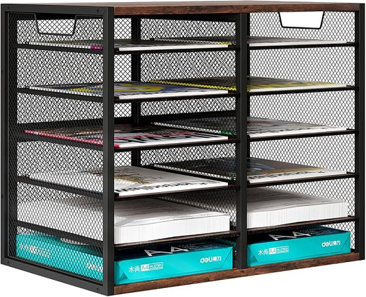 PAG Mass Mail Sorter - Adjustable Mail Holder, Countertop Literature Organizer, Student Mailbox for Classroom, Desktop Bill Paper Organizer for Office Home School, 12 Compartments, Brown by PAG-Mass