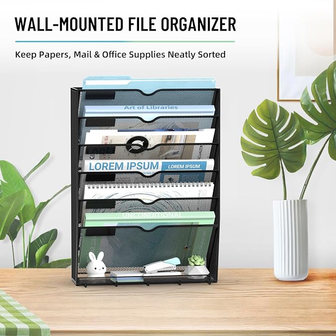 7-Tier Wall File Organizer with 5 Hooks, Wall Mounted Mail Organizer | File Holder Organizer, Metal Mesh Office Wall Organizer for Home, School & Classroom - Image 8