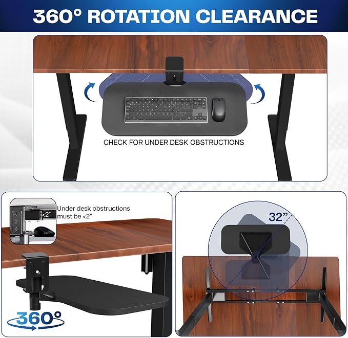 VIVO Clamp-on 23 x 10 inch Rotating Computer Keyboard and Mouse Tray, Extra Sturdy Desk Swivel Clamp, Ergonomic Typing, Black, MOUNT-KB04CB - Image 5