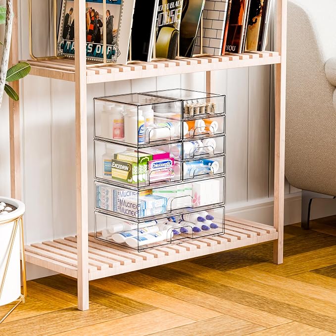 8 Pack Clear Stackable Storage Drawers,Acrylic Drawer Organizer for Medicine,Palettes,Hair Accessories and Makeup Organizer,Plastic Drawers for Cabinet,Office,Desk,Bathroom Storage Containers - Image 7