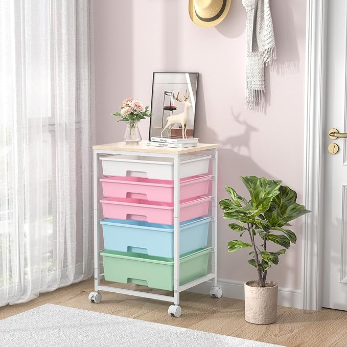 SYKIARIOL Utility Cart with 5 Drawers with Wooden Top, Rainbow | 5-Tiers Storage Cart with Drawers with Lockable Wheels for Craft Organizers and Storage,Home Office,Classroom,Dorm ,Playroom - Image 7