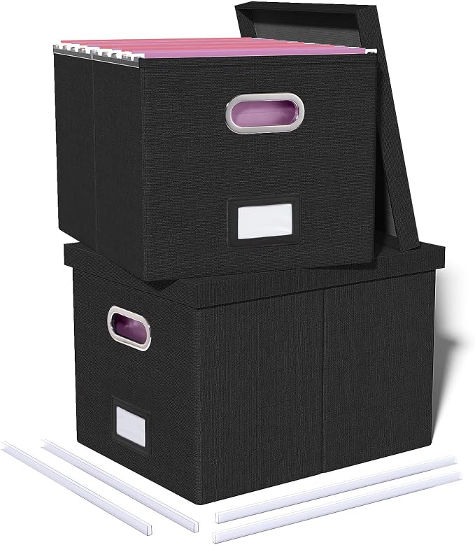 2 Pack File Storage Organizer, Filing Box, Portable File Box with Lid, Fit for Letter/Legal File Folder Storage, Document Organizer, Black by Oterri