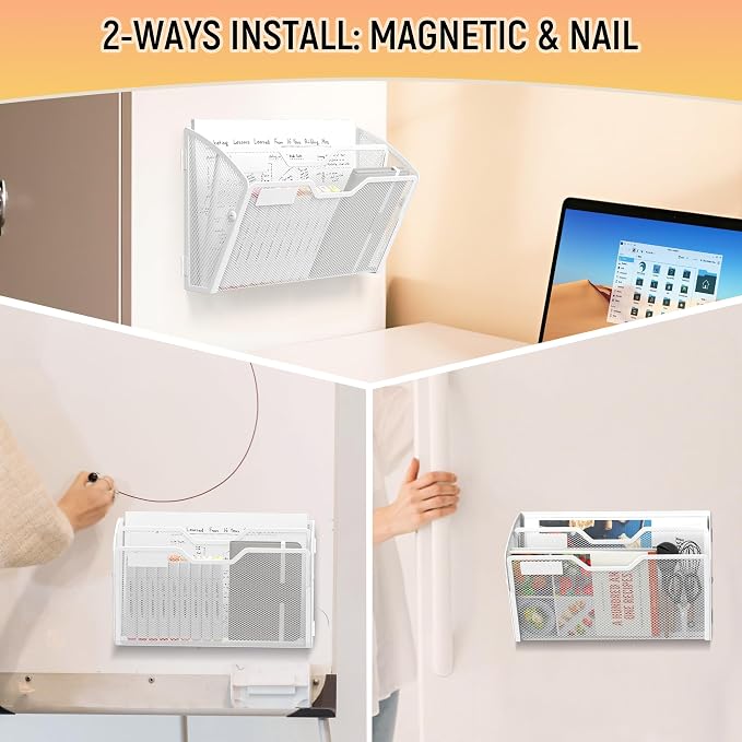 Docnest 3 Pack 2 Tier Dual-Mount Magnetic Mesh File Holders, Wall Organizer | Mount magnets or screws. 2-in-1 hanging mesh mail letter organizer with hooks for office and home clutter - Image 5