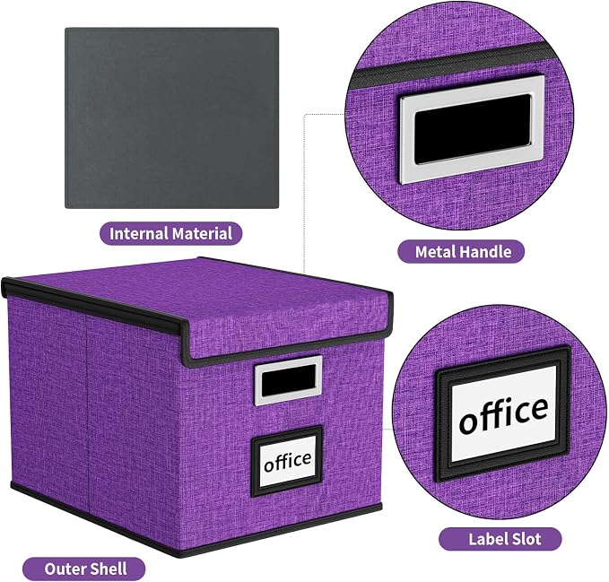 File Organizer Box with Lids, Collapsible File Folder Organizer | File Box with Plastic Slides for Office Document Storage, Filing Bin for Letter Size Hanging File Folders (2 Pack, Purple) - Image 5