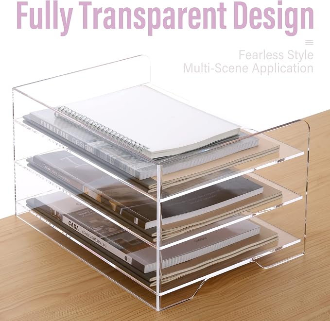 SANRUI Acrylic Paper Organizer Letter Tray for Desk, 3 Tier Enlarged File Sorter,Clear File Holder Desktop Shelf Document Storage for School Office Home - Image 3